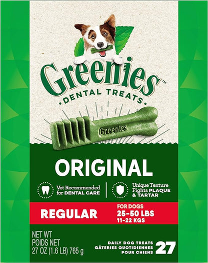 Greenies Original Regular Natural Dog Dental Care Chews Oral Health Dog Treats, 27 oz. Pack (27 Treats)