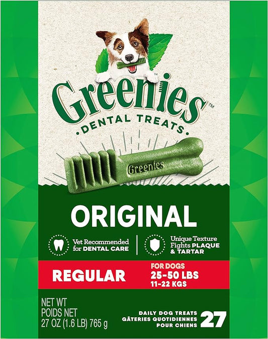 Greenies Original Regular Natural Dog Dental Care Chews Oral Health Dog Treats, 27 oz. Pack (27 Treats)