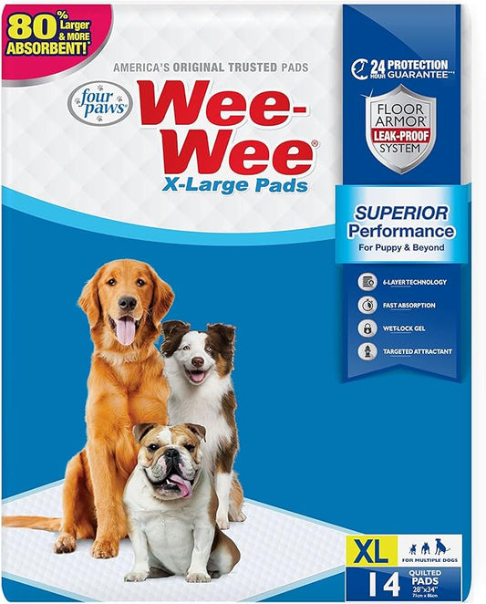 Four Paws Wee-Wee Superior Performance XL Pee Pads for Extra Large Dogs, Leak-Proof Floor Protection Dog & Puppy Quilted Potty Training Pads, Unscented, 28" x 34" (14 Count)