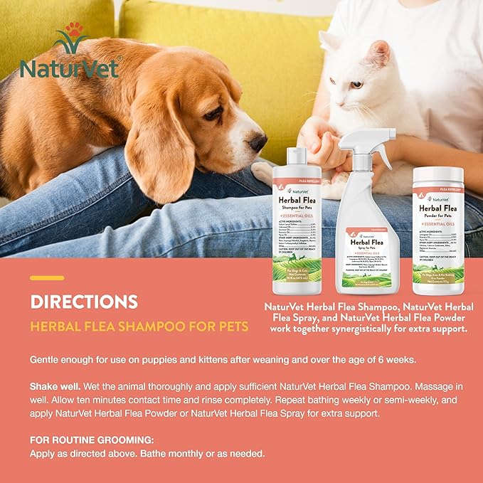 NaturVet Herbal Flea Pet Shampoo with Essential Oils – Helps Against Fleas, Insects – Deodorizing Dog Shampoo – Includes Rosemary, Cedarwood, Geranium, White Thyme Oils – 16 Oz.