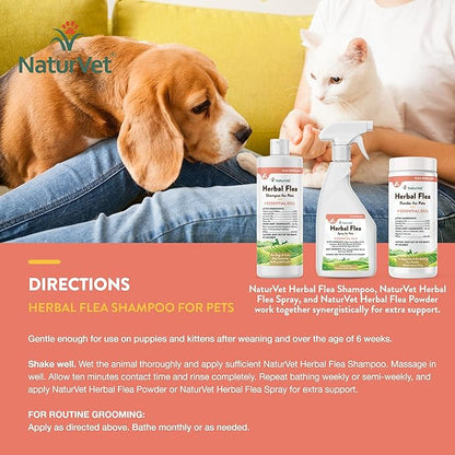 NaturVet Herbal Flea Pet Shampoo with Essential Oils – Helps Against Fleas, Insects – Deodorizing Dog Shampoo – Includes Rosemary, Cedarwood, Geranium, White Thyme Oils – 16 Oz.