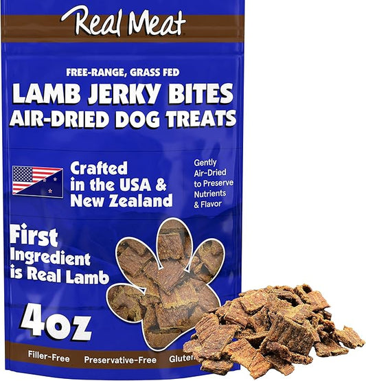 Real Meat Dog Treats - 4oz Bag of Bite-Sized Air-Dried Lamb Jerky for Dogs - Grain-Free Jerky Dog Treats Made up of 95% Human-Grade, Free-Range, Grass Fed Lamb - All-Natural High Protein Dog Treats