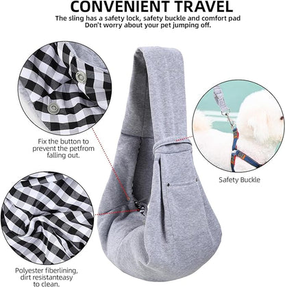 Dog Carrier Sling - Reversible Puppy Carrier Purse with Storage Pocket, Hand-Free Dog Sling Carrier for Carry Small Dogs and Cats，Travel Safety Harness, Dog and cat Harness (Gray)