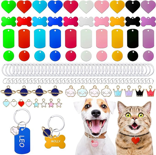 140pcs Pet ID Tag Set with 40pcs Colourful Blank Dog Tags Double Sided Aluminum Cat ID Tags，80pcs Stainless Steel Key Rings and 20pcs Pendants for Dogs Cats Pets Name Phone Number Craft Tag