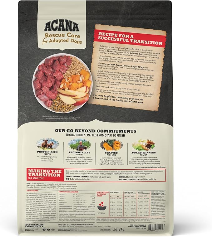 ACANA Rescue Care for Adopted Dogs Dry Dog Food, Red Meat, Liver & Whole Oats Recipe, 4lb