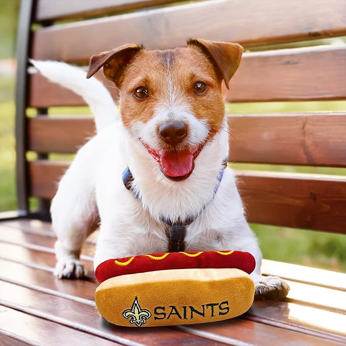 Pets First NFL New Orleans Saints HOT Dog Plush Dog & CAT Squeak Toy - Cutest HOT-Dog Snack Plush Toy for Dogs & Cats with Inner Squeaker & Beautiful Football Team Name/Logo 8 x 5 x 3 Inches