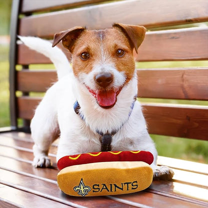 Pets First NFL New Orleans Saints HOT Dog Plush Dog & CAT Squeak Toy - Cutest HOT-Dog Snack Plush Toy for Dogs & Cats with Inner Squeaker & Beautiful Football Team Name/Logo 8 x 5 x 3 Inches