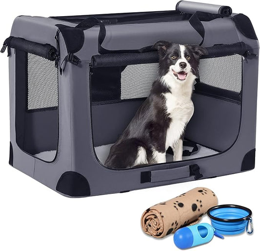 Portable Dog Crate, Collapsible Dog Travel Crate 32x23x23 with Soft Blanket Foldable Bowl and a Poop Bag with Dispenser for Medium & Large Dogs