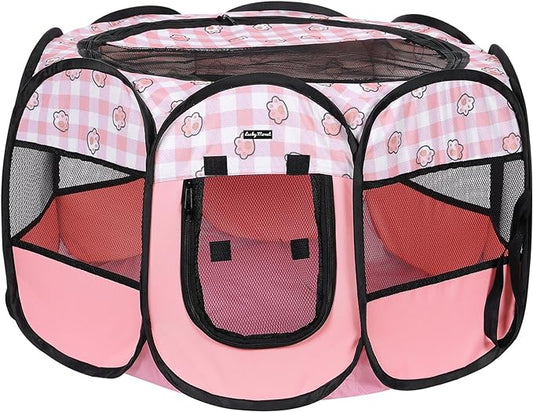 Foldable Dog Playpen Cat Puppy Playpen Indoor Pop Up Pet Animal Playpen Outdoor Kennel Cage Pen Tent for Small Medium Dog Puppy Cat Kitten Rabbit - Large, Pink