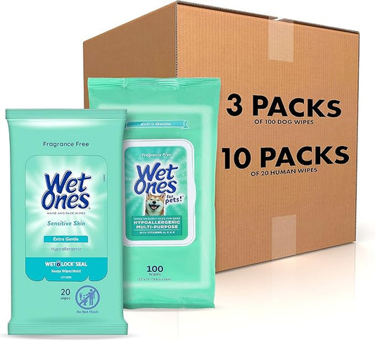 Wet Ones Mixed 13 Piece Bundle of Human & Pet Wet Wipes, Hypoallergenic | 10 Packs Sensitive Skin Hand and Face Wipes, 20 Ct Plus 3 Packs for Pets Hypoallergenic Dog Wipes, 100ct