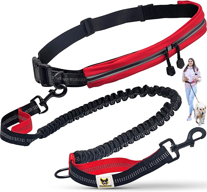 Hands Free Dog Leash for Running Walking Hiking for Medium and Large Dogs (30-150 lbs) with Adjustable Waist Belt, Zipper Pouch, Reflective Retractable Bungee, Dual Handles Red