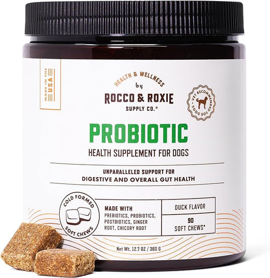 Rocco & Roxie Probiotics for Dogs, Support Gut and Digestive Health, Anti Diarrhea, Constipation & Gas Relief, Allergies, & Itchy Skin, Prebiotics, Enzymes, Puppy to Senior Dog Supplements Chews 90ct