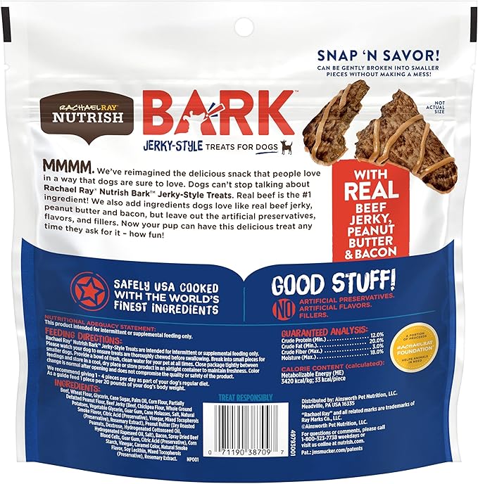 Nutrish Rachael Ray Bark Jerky-Style Dog Treats with Real Beef Jerky, Peanut Butter & Bacon, 11 Ounce (Pack of 4)