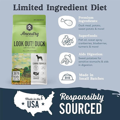 Ancestry Dog Food, Duck Meal & Potato Recipe, Crude Protein, Fiber & Fat, For All Life Stages, Dry Dog Food, Prevent Food Allergies, Improve Gut Health, Grain Free, Immune Support (4 lb. Bag)