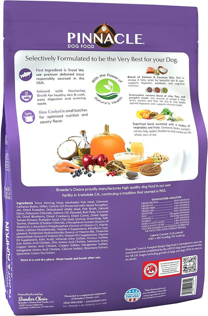 pinnacle pet Trout & Pumpkin Dry Dog Food 22 lb, Infused with Broth