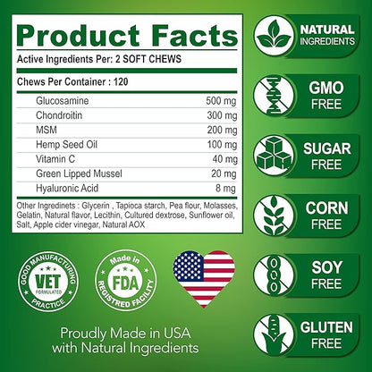 Hemp Hip and Joint Support Supplement for Dogs - Glucosamine for Dogs - Dog Joint Supplement - Hip and Joint Chews for Dogs with Chondroitin - MSM - Hemp Oil - Hemp Chews For Dogs - Dog Pain Relief