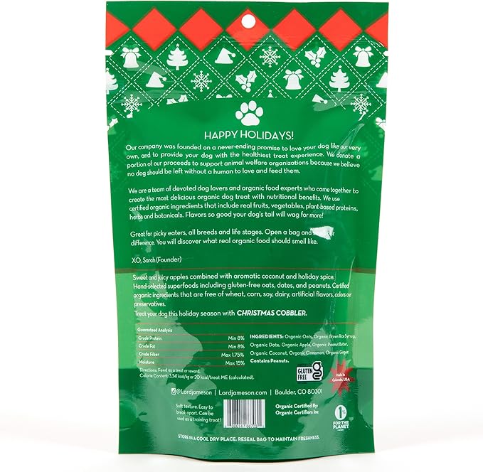 Christmas Cobbler 6 oz - Dog Patisserie Treats, Holiday Collection, Organic, Soft & Chewy No-Bake Superfood Bites, Preservative Free
