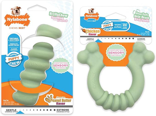 Nylabone Sensory Material Puppy Chew Toys Bundle - Puppy Teething Toys for Boredom & Stimulation - Puppy Supplies - Allergen-Free Peanut Butter and Chicken Flavor, Small/Regular (2 Count)