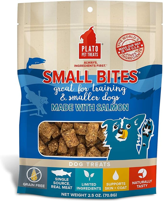 PLATO Small Bites Dog Treats, Natural Bite Sized Real Meat & Salmon Flavor, Grain Free & High in Protein, Air Dried Authentic Ingredients, 2 Calories Per Treat, Made in the USA, 2.5 Ounces