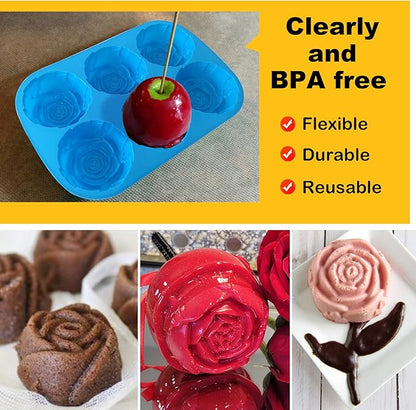 3PCS Jumbo Rose Flower Silicone Mold for Candy, Non-stick Silicone Flower Molds for Raspberry Cheesecake Roses, 6-Cavity Flower Silicone Molds for Rose Candy Apples