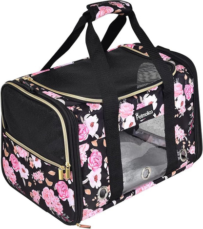 Petmolico Cat Carrier Dog Carrier, Soft Pet Travel Carrier with 3 Open Doors Mesh Windows for Cats Puppy 22 lbs, Pink Peony, Large