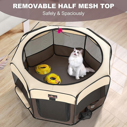 Dog Playpen, Cat Playpen - Foldable Pet Playpen with Carrying Case, Portable Pet Tent for Indoor/Outdoor Use | Water Resistant | Removable Shade Cover - (Brown, Medium)
