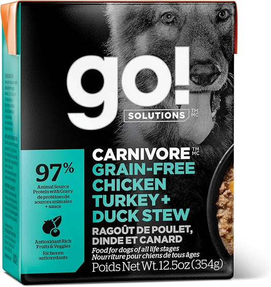 GO! SOLUTIONS Carnivore Protein Rich Wet Dog Food - Grain Free Chicken, Turkey and Duck Stew - Complete & Balanced Nutrition for All Life Stages, 12.5 oz