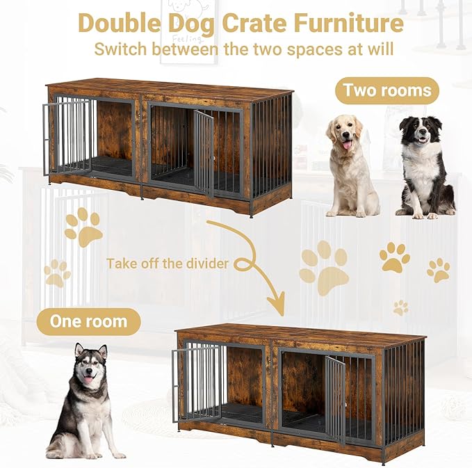 75'' Double Dog Crate Furniture for 2 Large Dogs, Heavy Duty Dog Crate, Furniture Style Dog Crate End Table, Wood Crates for Dogs Kennel Indoor, Decorative Dog Crate with Double Door, Brown