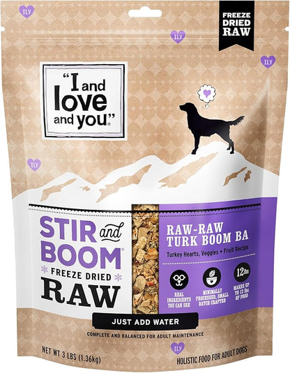 I AND LOVE AND YOU Stir and Boom Dehydrated Freeze Dried Raw Dog Food - Turkey - Grain Free, Real Meat, No Fillers, 3lb Bag