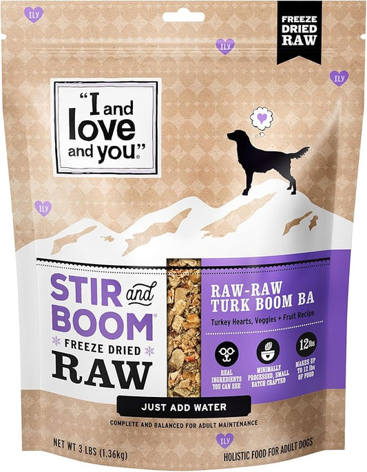 I AND LOVE AND YOU Stir and Boom Dehydrated Freeze Dried Raw Dog Food - Turkey - Grain Free, Real Meat, No Fillers, 3lb Bag