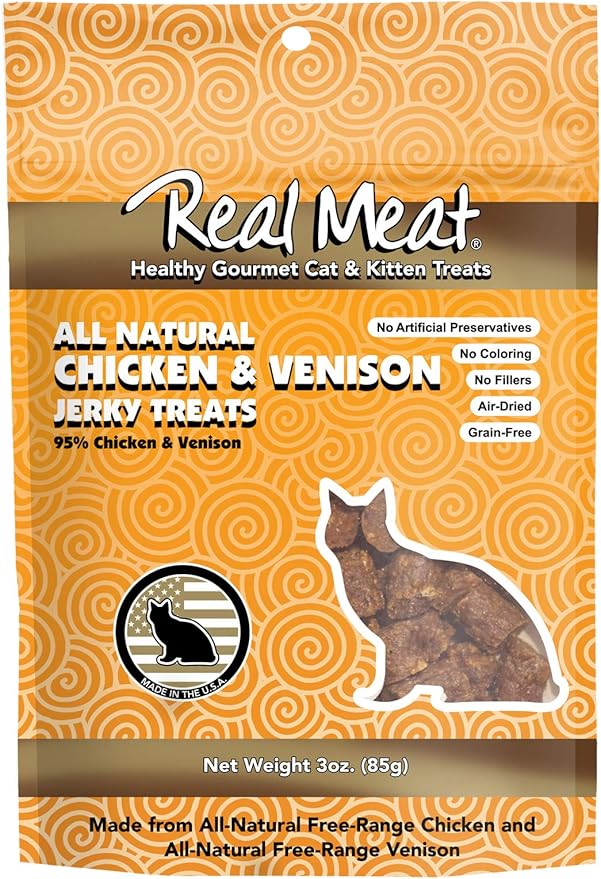Real Meat, Air-Dried Jerky Treats, Free-Range, All-Natural Chicken Venison Cat Treat 3oz