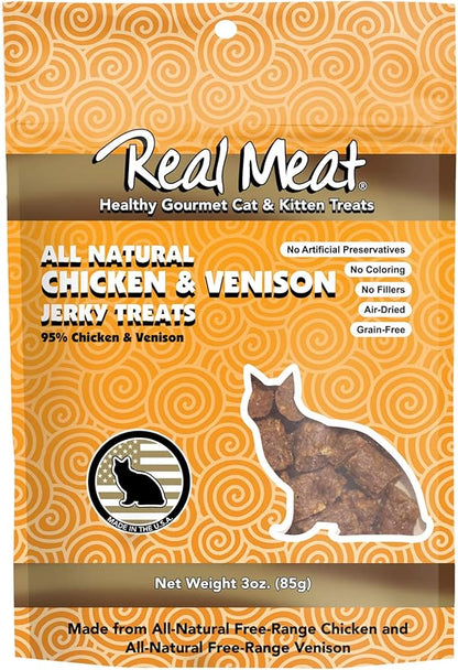 Real Meat, Air-Dried Jerky Treats, Free-Range, All-Natural Chicken Venison Cat Treat 3oz
