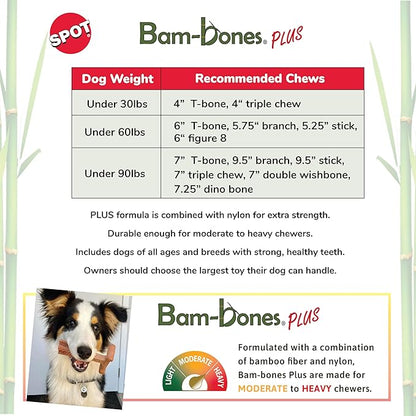 SPOT Bam-Bones Plus Triple Chew - Bamboo Fiber & Nylon, Durable Long Lasting Dog Toy for Aggressive Chewers – Great for Adult Dogs & Teething Puppies Under 90lbs, Non-Splintering, 7in, Bison Flavor