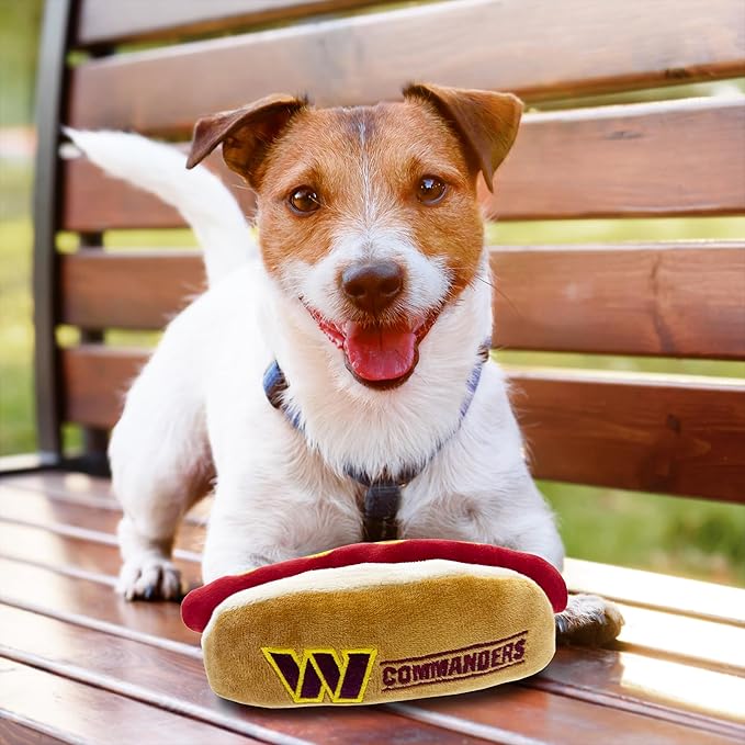 Pets First NFL WASHINGTON COMMANDERS HOT DOG PLUSH DOG & CAT SQUEAK TOY - Cutest HOT-DOG SNACK Plush Toy for DOGS & CATS with INNER SQUEAKER & Beautiful Football Team Name/Logo