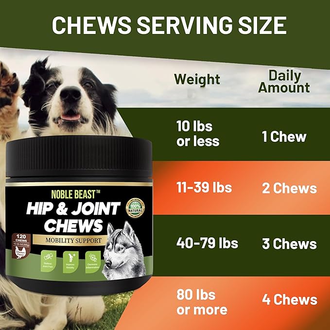 Noble Beast Mobility Support Chews Dog Joint Supplement - Hip and Joint Care for Dogs - All Natural with Glucosamine, Chondroitin, MSM & Hemp for Dog Joint Relief - Chicken Flavor – 120 Count