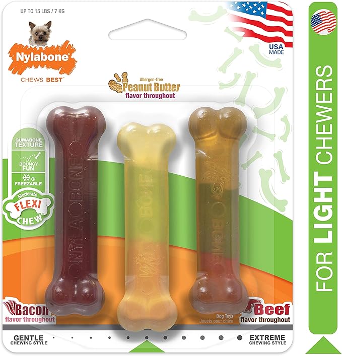 Nylabone FlexiChew Moderate Dog Toys Triple Pack Bacon, Peanut Butter & Beef X-Small/Petite (1 Count)