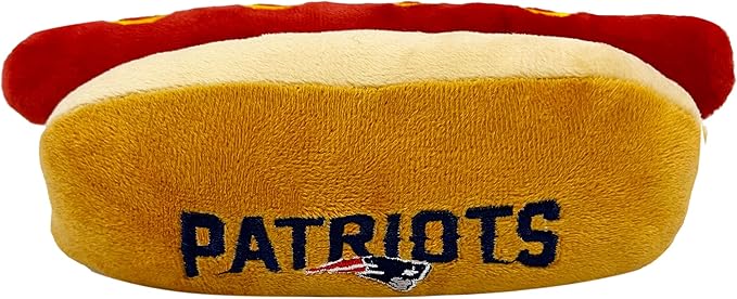 Pets First NFL New England Patriots HOT Dog Plush Dog & CAT Squeak Toy - Cutest HOT-Dog Snack Plush Toy for Dogs & Cats with Inner Squeaker & Beautiful Football Team Name/Logo 8 x 5 x 3 Inches