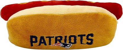 Pets First NFL New England Patriots HOT Dog Plush Dog & CAT Squeak Toy - Cutest HOT-Dog Snack Plush Toy for Dogs & Cats with Inner Squeaker & Beautiful Football Team Name/Logo 8 x 5 x 3 Inches