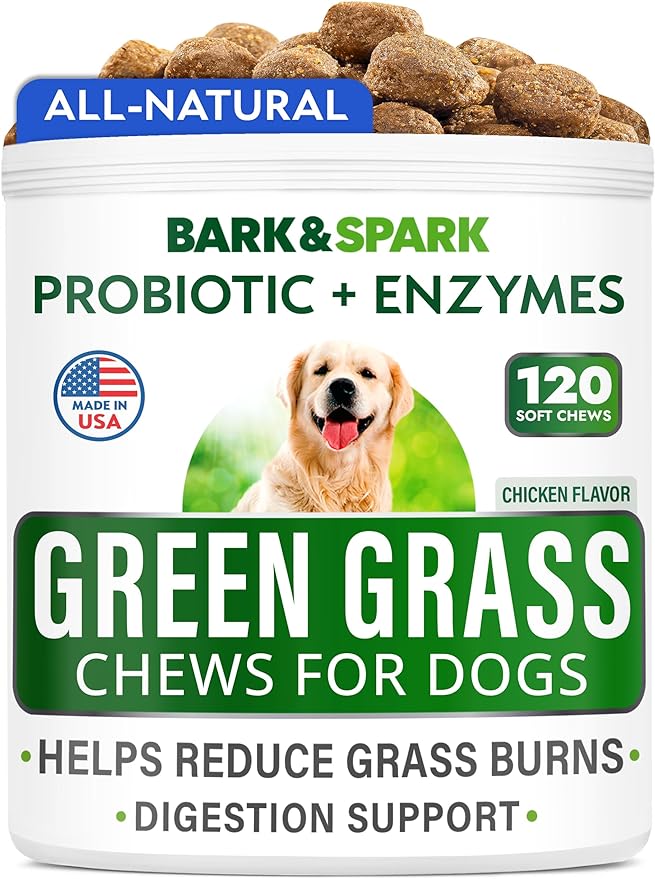 Bark&Spark All-Natural Grass Burn Spot Chews for Dogs - Pee Lawn Spot Saver - Grass Restore Treats - Dog Urine Neutralizer Solution for Grass Burn Spots - Made in USA - 120 Chews