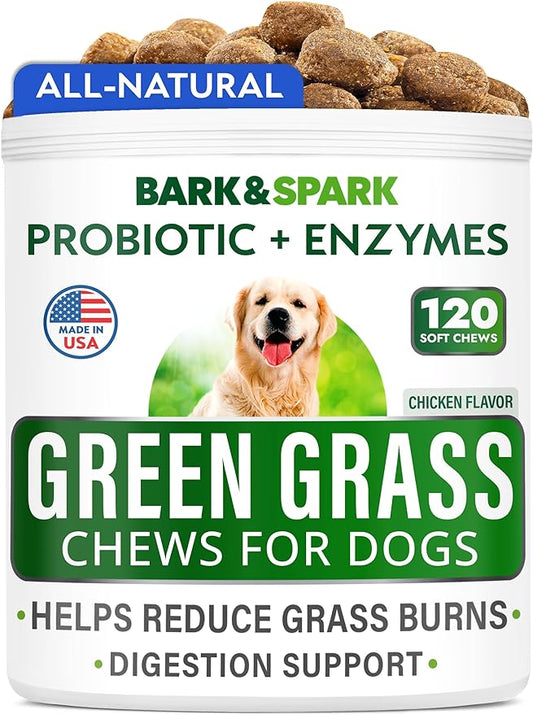 Bark&Spark All-Natural Grass Burn Spot Chews for Dogs - Pee Lawn Spot Saver - Grass Restore Treats - Dog Urine Neutralizer Solution for Grass Burn Spots - Made in USA - 120 Chews