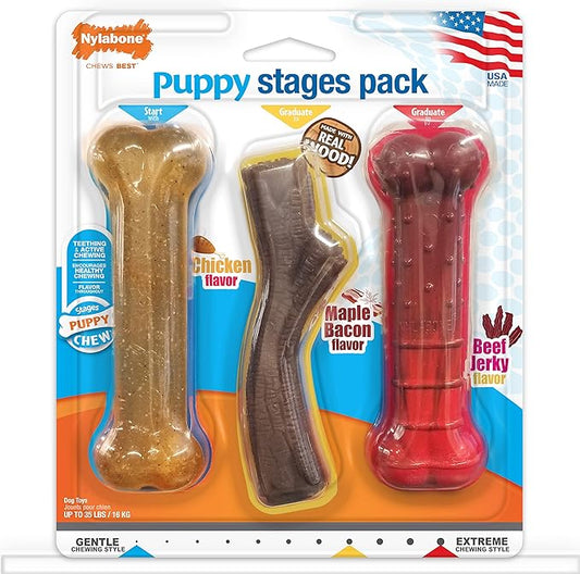 Nylabone Puppy Stages Dog Chew Toy Pack - Puppy Chew Toys for Teething and Chewing - Puppy Supplies - Chicken, Maple Bacon, and Beef Jerky Flavors, Medium/Wolf (3 Count)