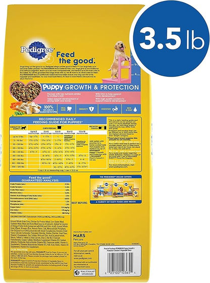 Pedigree Puppy Food Variety Bundle, 01 Bag (3.5LB) Chicken Flavor and 04 Pouches Morsels in Sauce, (02) Chicken and 02 Beef. Plus a Pet Nutrition Booklet.