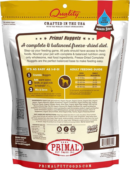 Primal Freeze Dried Dog Food Nuggets, Rabbit; Complete & Balanced Meal; Also Use as Topper or Treat; Premium, Healthy, Grain Free, High Protein Raw Dog Food, 14 oz