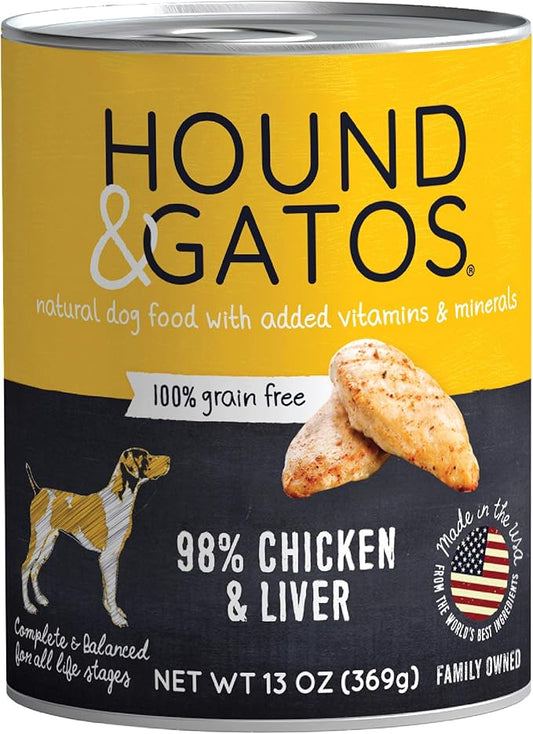 Hound & Gatos Wet Dog Food, 98% Chicken & Liver, case of 12, 13 oz cans
