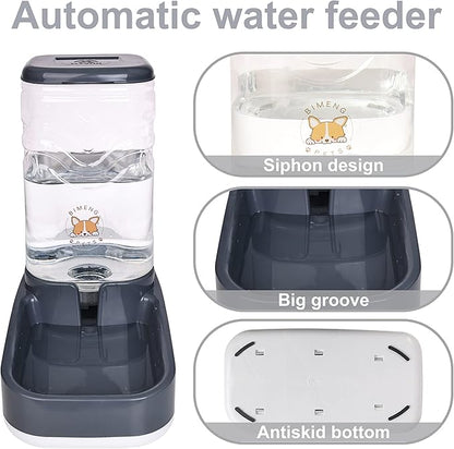 Automatic Pet Water Feeder, 3.8L Gravity Cat Water Dispenser with Cat Water Bowl, Large Capacity Water Feeder for Kitten & Small and Medium-Sized Dogs (Grey)