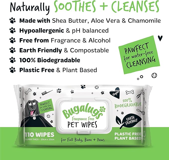 Dog Wipes, 100% Plastic Free Biodegradable pet wipes for full body, eye wipes, ear wipes, bum & paws. 110 sensitive dog grooming wipes for dogs, puppy & cat grooming (Fragrance Free)
