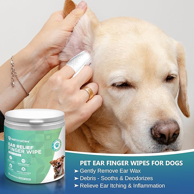 Pet Finger Wipes for Dogs Ear Relief, Aloe Vera & Eucalyptus Infusion, Pet Grooming Wipes, Remove Debris & Ear Wax, Soothe & Deodorize, 55-Count Pack.