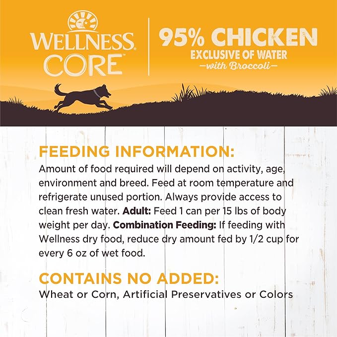 Wellness CORE 95% Natural Wet Grain Free Canned Dog Food, Chicken & Broccoli,12.5-Ounce Can (Pack of 12)