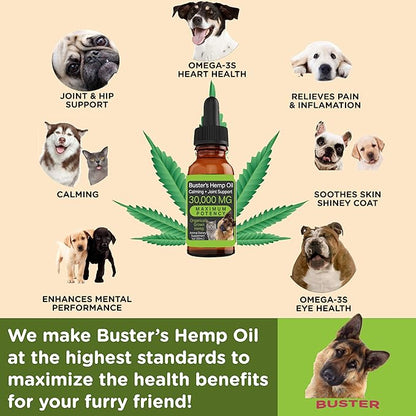 Max Potency Buster's Organic Hemp Oil treats for Dogs & Cats - Perfect Ratio Omega 3 & 6 - Made in USA - Hip & Joint Health, Natural Relief, Calming (4-Month)