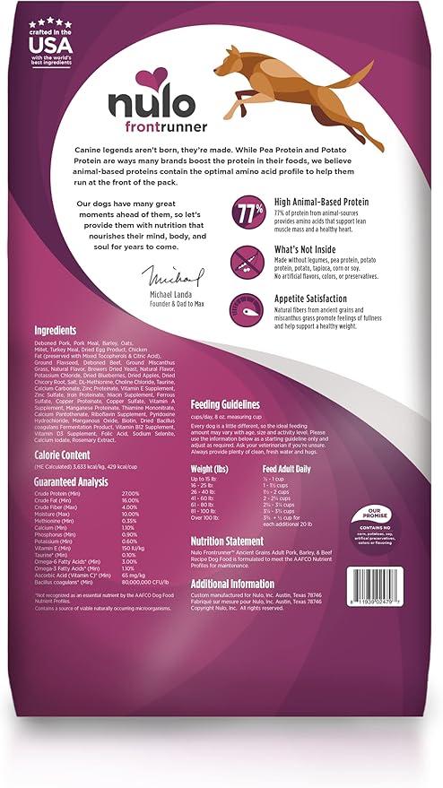 Nulo Frontrunner All Breed Adult Dry Dog Food, Premium All Natural Dog Kibble, Made with Ancient Grains Promote Fullness with Healthy Digestive Aid BC30 Probiotic & Antioxidants for Immune Health